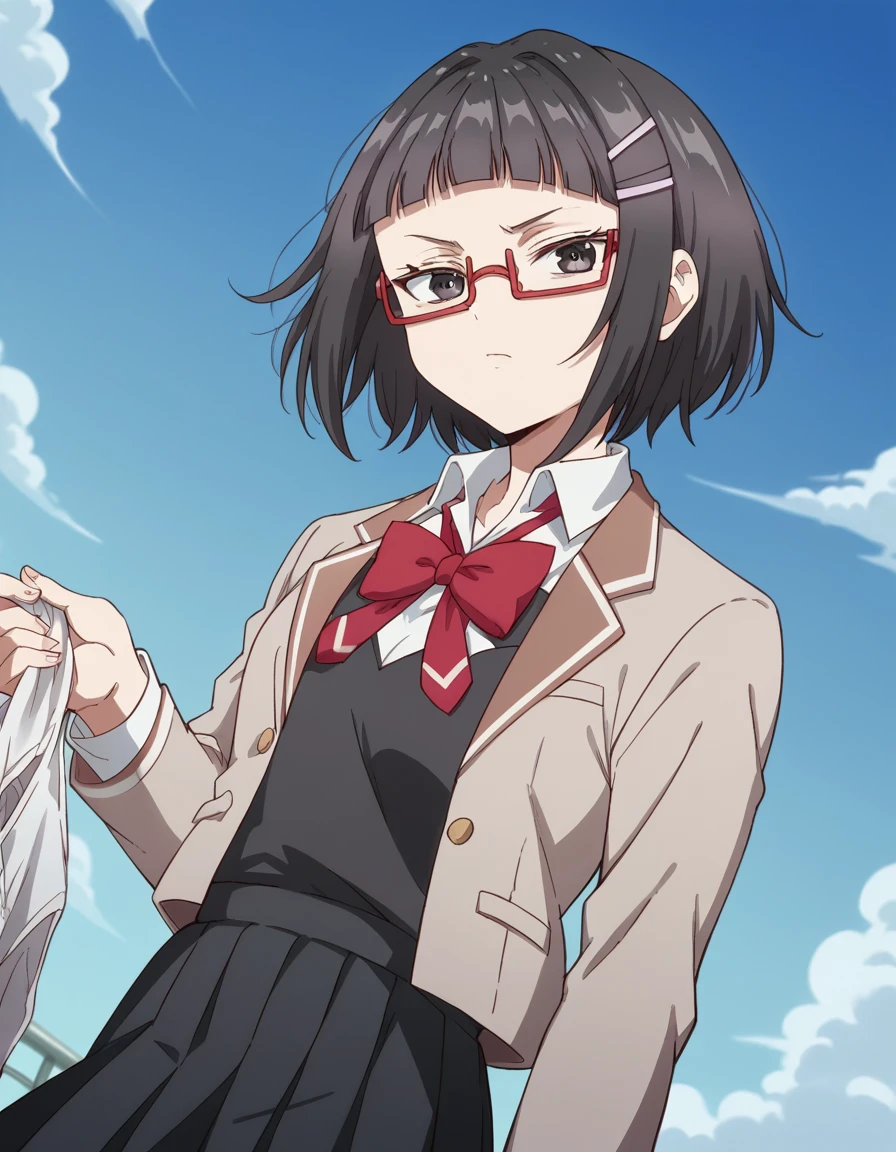 score_9, score_8_up, score_7_up, source_anime, <lora:sayaka-taniyama-s1-ponyxl-lora-nochekaiser:1>, sayaka taniyama, black eyes, black hair, short hair, bangs, blunt bangs, hair clip, glasses, red-framed eyewear,, shirt, bow, school uniform, jacket, white shirt, collared shirt, bowtie, red bow, blazer, red bowtie, black skirt, pleated skirt,, laundry day, clothesline, drying clothes, domestic life, fresh air, blue sky, , looking at viewer, undefined, solo,, cowboy shot, dutch angle