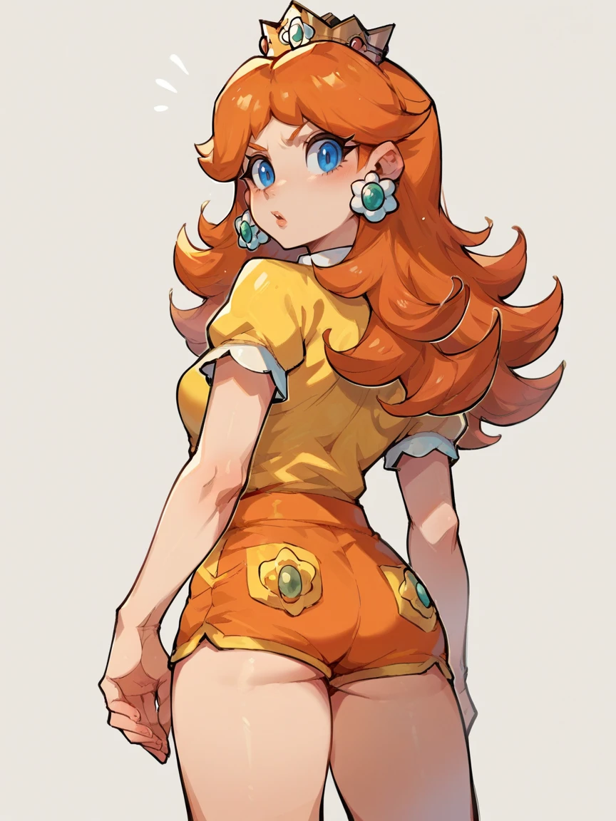 score_9, score_8_up, score_7_up, score_6_up, score_5_up,  <lora:PrincessDaisyXLP:1> princess daisy, 1girl, earrings, solo, blue eyes, crown, long hair, orange hair, short shorts, from behind,