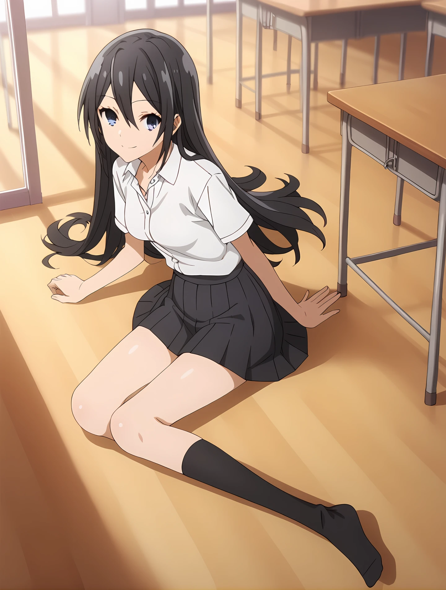 (school uniform skirt white shirt black socks uwabaki), hm-sawada, black hair, long hair, blue eyes, medium breasts, 1girl, solo, skinny, score_9, score_8_up, score_7_up, score_6_up, score_5_up, source_anime, happy, classroom, (1.3::full body|sitting|standing|lying|0.6::close-up| :1.20), feet, <lora:hm-sawada-V01-000004:1.00>