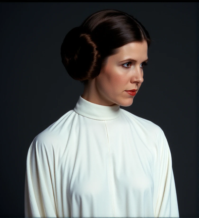 <lora:princess-leia-flux-p3r1n:1> p3r1n, face, white dress, star wars style background