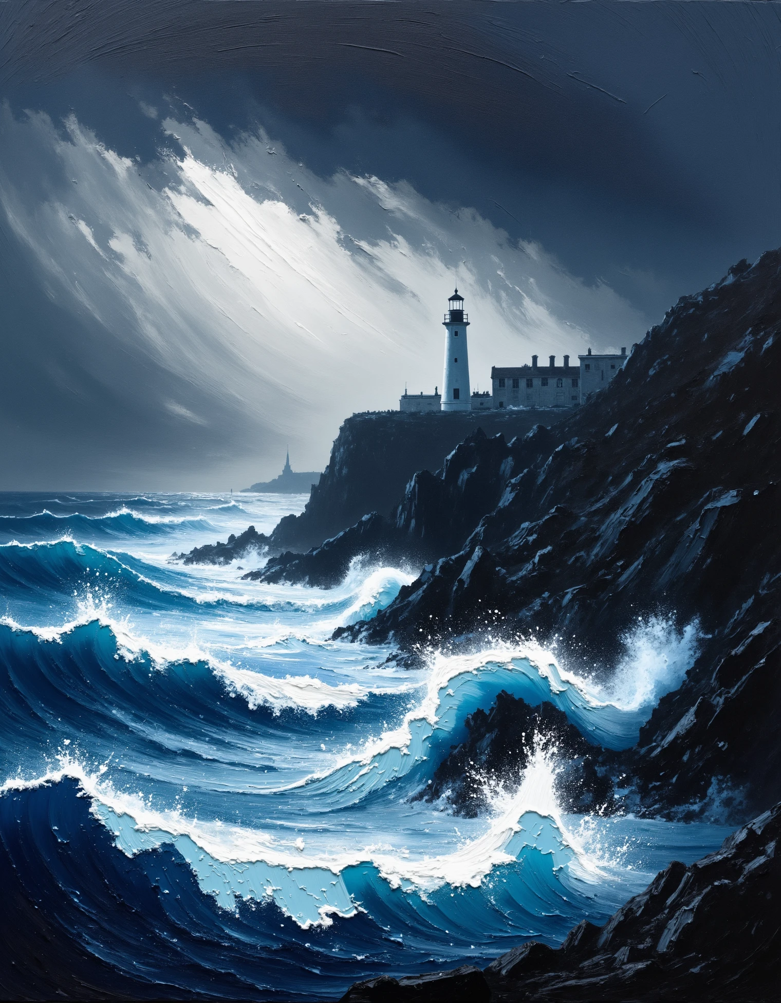 zavy-rghpnt, A roaring ocean beneath a dark, stormy sky. The waves crash violently against jagged rocks, their white foam sharply defined by heavy, impasto brushstrokes. The lighthouse, perched precariously on the cliff, stands tall and resilient, its light cutting through the storm. The sky is a dramatic mix of dark blues, grays, and black, with occasional bright flashes of lightning rendered in thick, sweeping strokes. The roughness of the paint gives the scene an intense, almost chaotic energy, making the viewer feel the raw power of nature