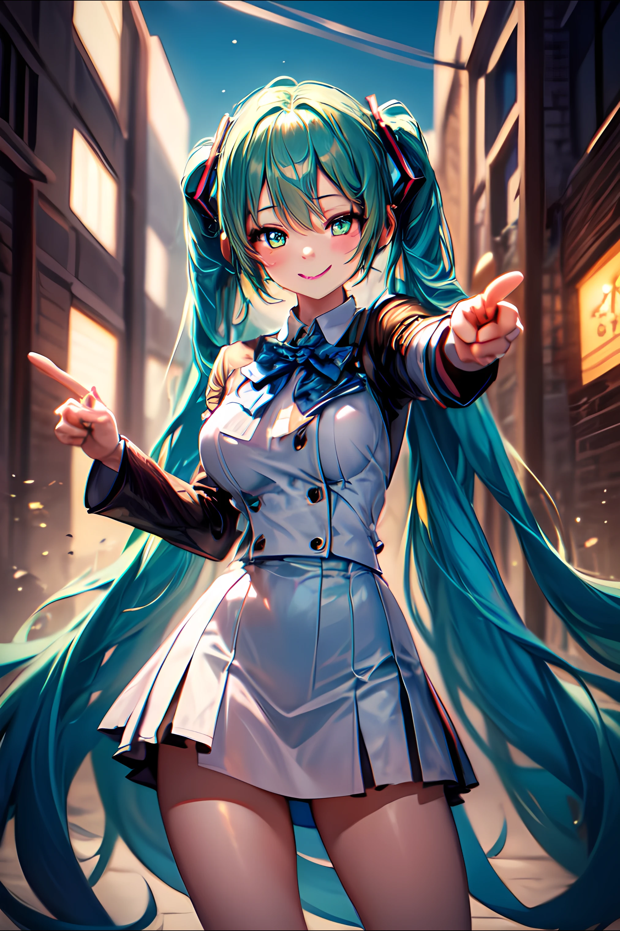 (masterpiece), high quality, cinematic lightning, 1girl, long hair, (\hastune miku\:1.5), blue hair, hair ormanent, bangs, solo, (uniform:1.4), pointing forward, confident, lightly smile, standing, <lora:Pointing_Forward_Finger_Gun_for_SD_model__pose-000009:0.65> <lora:add_detail:1>