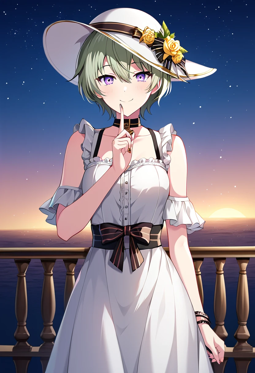 kusanagi_nene, short hair, green hair, purple eyes, official art,  alternative short hair, white valentine dress, white hat,  BREAK outdoors, bridge , starry sky, stars, BREAK looking at viewer, cute face, smile, blush, confession, cowboy shot  BREAK score_9, score_8_up, score_7_up, source_anime ,zPDXL, perfect hand, <lora:Kusanagi_Nene:0.8>