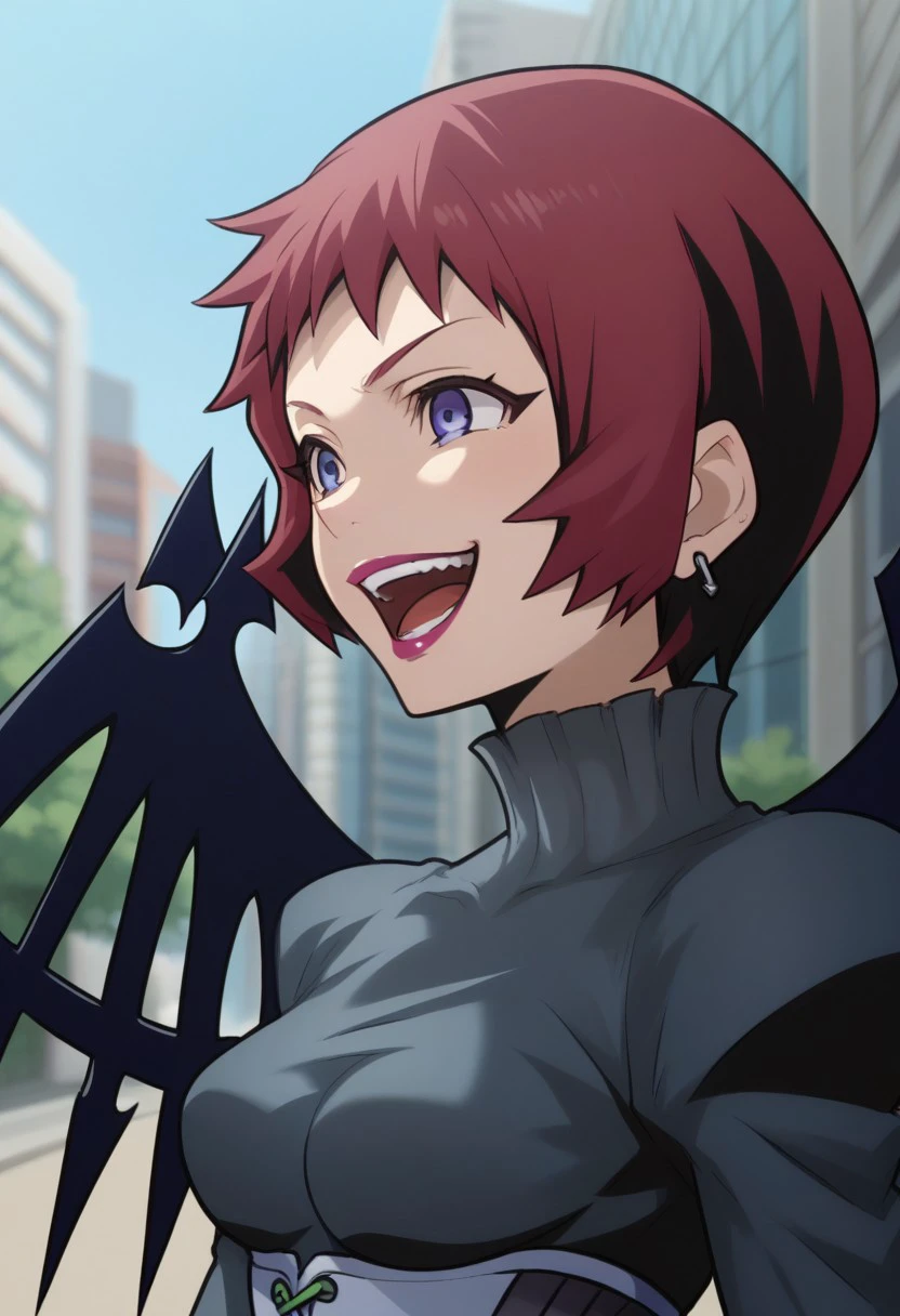 score_9, score_8_up, score_7_up, source_anime, highly detailed, 
uzuki, 1girl, solo, short hair, wings, black wings, blue eyes, lipstick, gloves, red hair, makeup, purple eyes, grey shirt, earrings, laugh, evil laugh, teeth,
outdoor, street, building, sky,