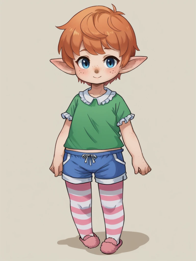 zPDXL3, 1girl, solo, flat color, 
<lora:shepherd:1> sh3p3rd, <lora:PopipiDT_v1-20:0.6> popipi, lalafell, pointy ears, orange hair, freckles, short hair, blue eyes, brown nose, striped frilled shirt, plaid dolphin shorts, striped thighband pantyhose, ballet slippers