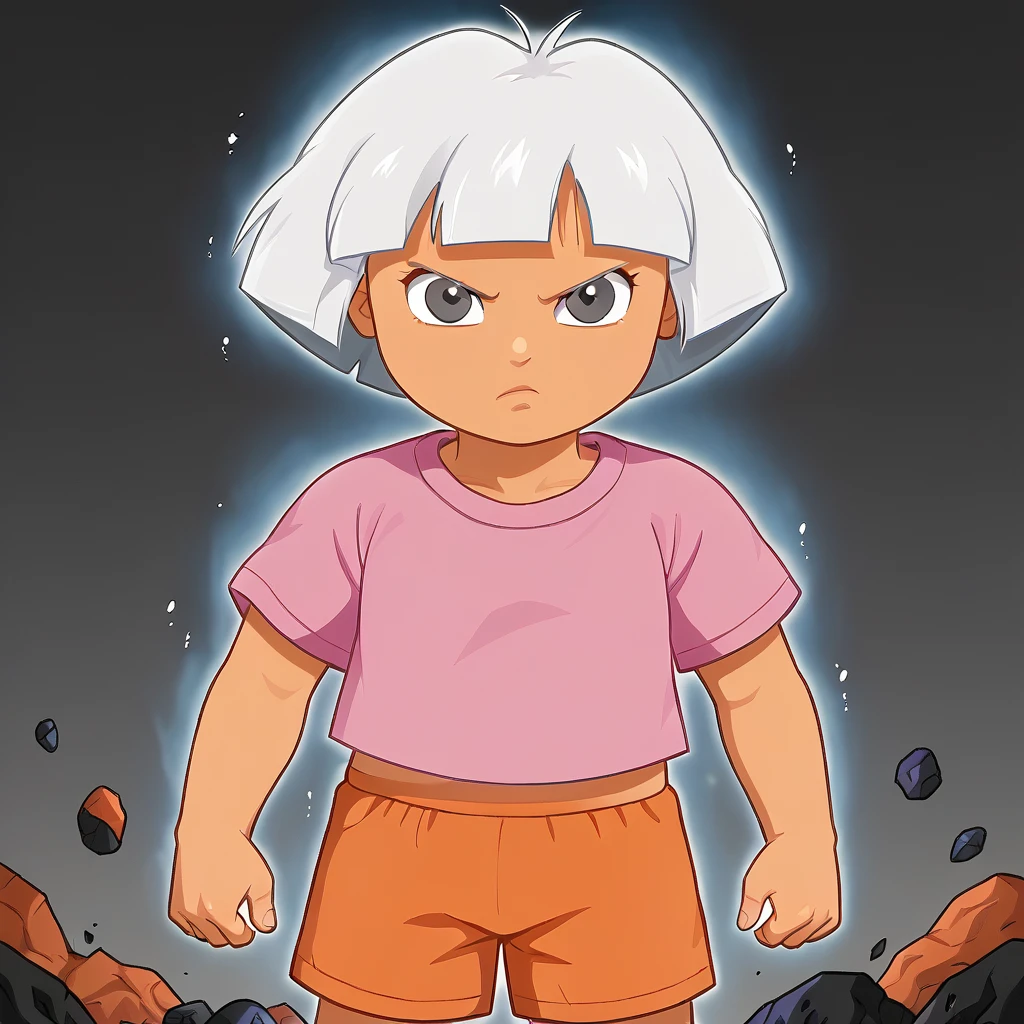 score_9_up, score_8_up, BREAK,  1girl, solo, Dora, short hair, white hair, grey eyes, tan, pink t-shirt, orange shorts, <lora:DoraTheExplorer_XL_Leaf3:0.8>, cowboy shot, UltraInstInctAura, aura, light particles, glowing skin, glowing clothes,   <lora:UltraInstinctAura_PXL_Leaf2:1>, debris, serious,