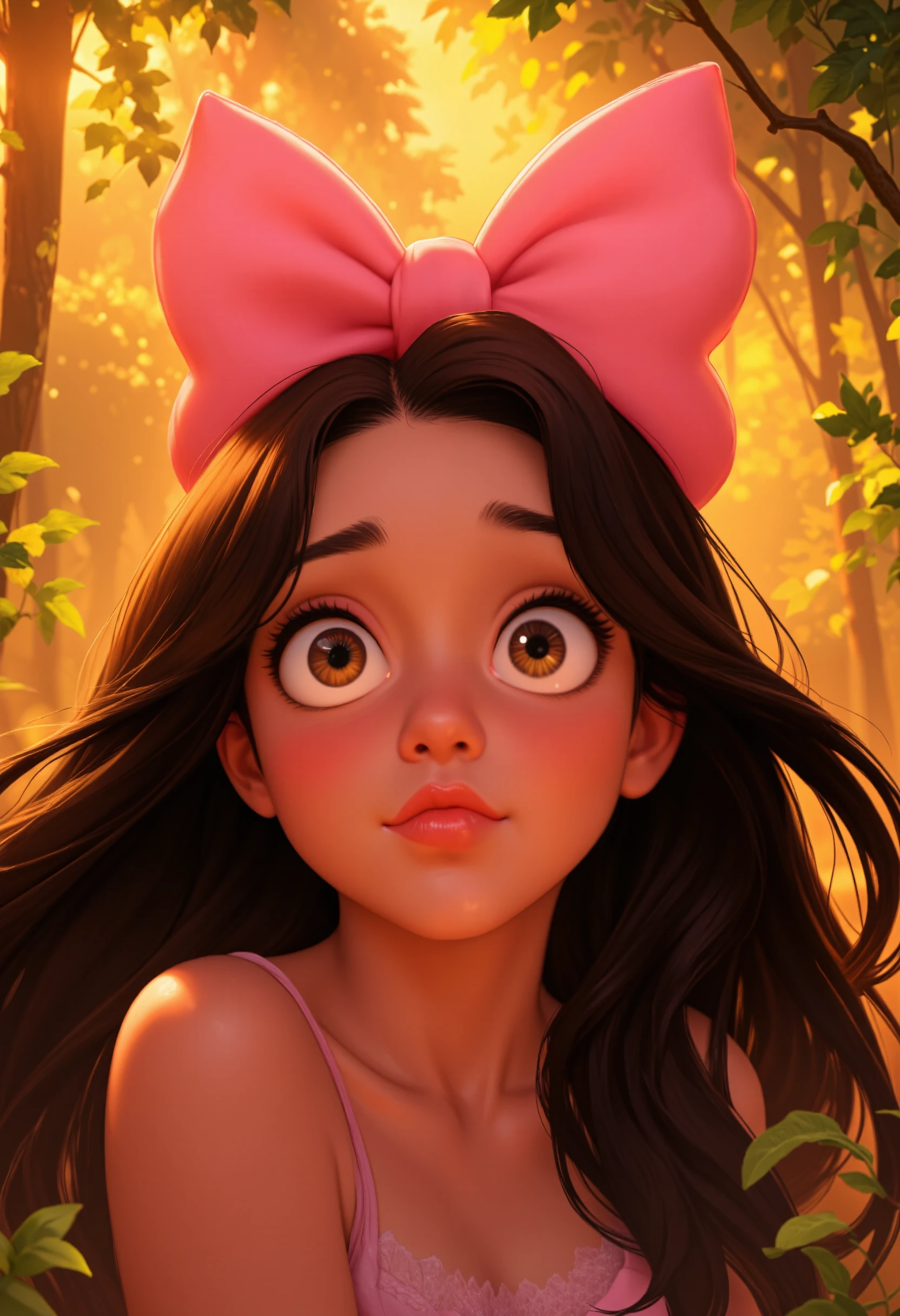 A whimsical animated portrait of a young woman with flowing dark hair, adorned with a large pink bow. The scene is vibrant and colorful, with soft, warm lighting casting a golden glow on her face. Her wide, expressive eyes sparkle as the sunlight filters through the leaves behind her, creating a magical atmosphere. The style is reminiscent of Mary Blair's whimsical and vibrant character designs, with subtle details adding a charming, storybook quality to the image.