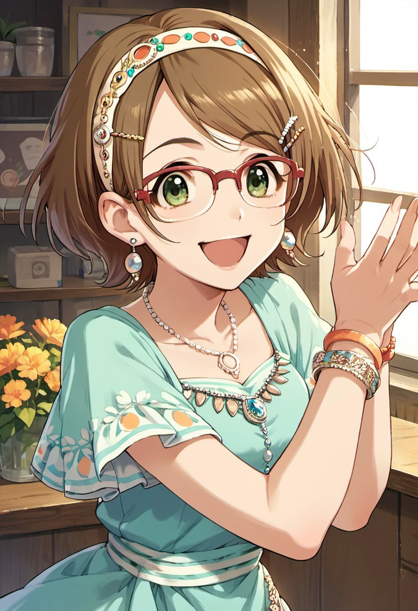 score_9, score_8_up, score_7_up, source_anime, tsuchiya ako, short hair, brown hair, glasses, green eyes, 1girl, jewelry, solo, bracelet, hairclip, hair ornament, dress, necklace, smile, earrings, open mouth, hairband