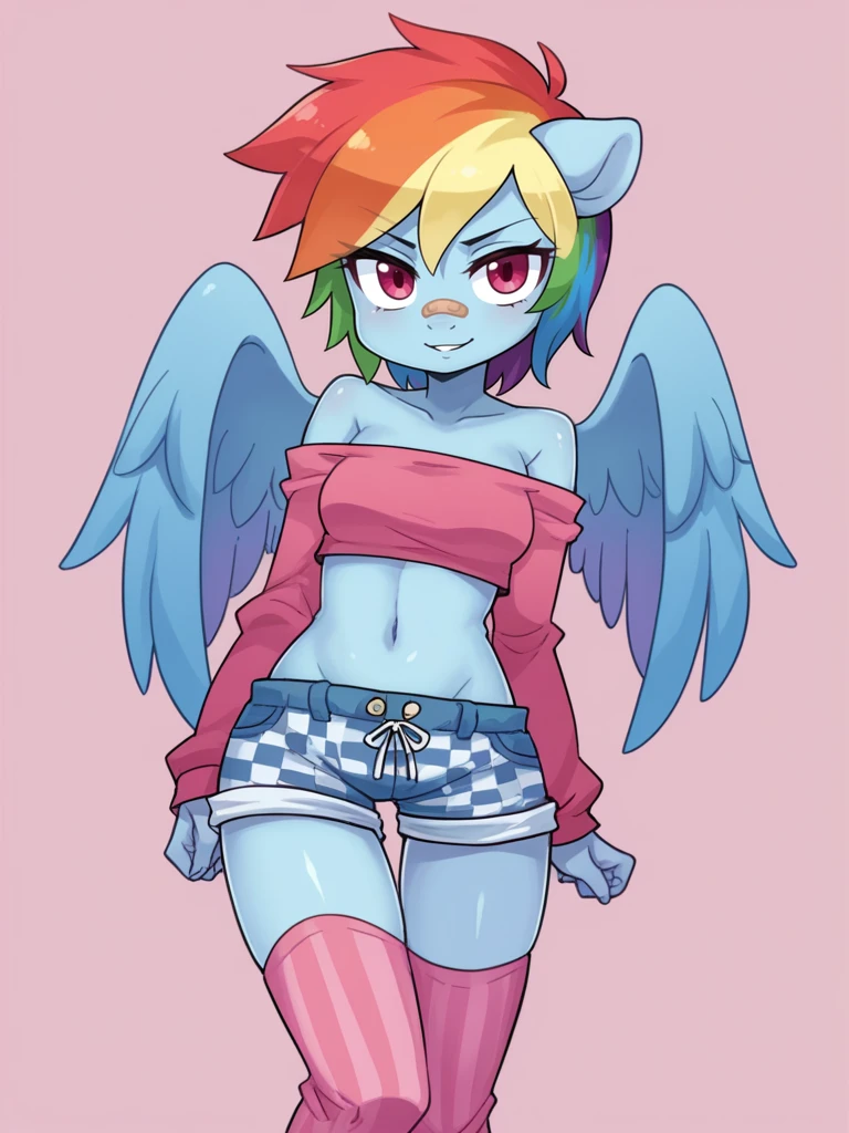 zPDXL3, 1girl, solo, flat color, 
<lora:shepherd:0.8> sh3p3rd, rainbow dash, blue skin, rainbow hair, short hair, tomboy, bandaid on nose, furry, pegasus wings, pink tube top, checkered overall shorts, cyan leg warmers, knee boots,