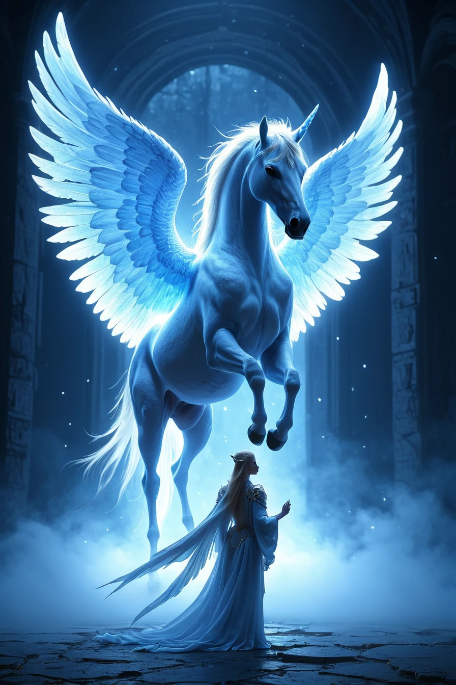 Cinematic shot of an beautiful angel summoning an pegasus horse with big wings from a big blue glowing portal, the pegasus is slowly appearing from the portal and enering our world, (summoning portal:1.2), heaven in background, masterpiece, best quality, highly detailed, masterpiece, best quality, highly detailed, sharp focus, dynamic lighting