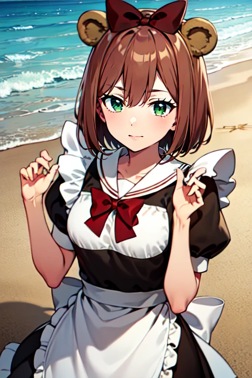 <lora:BearAceMaidR4:0.7>, BearAceMaidR4, 
1girl, brown hair, green eyes, short hair, beach, sit,  maid, bear ears, maidn apron, bow