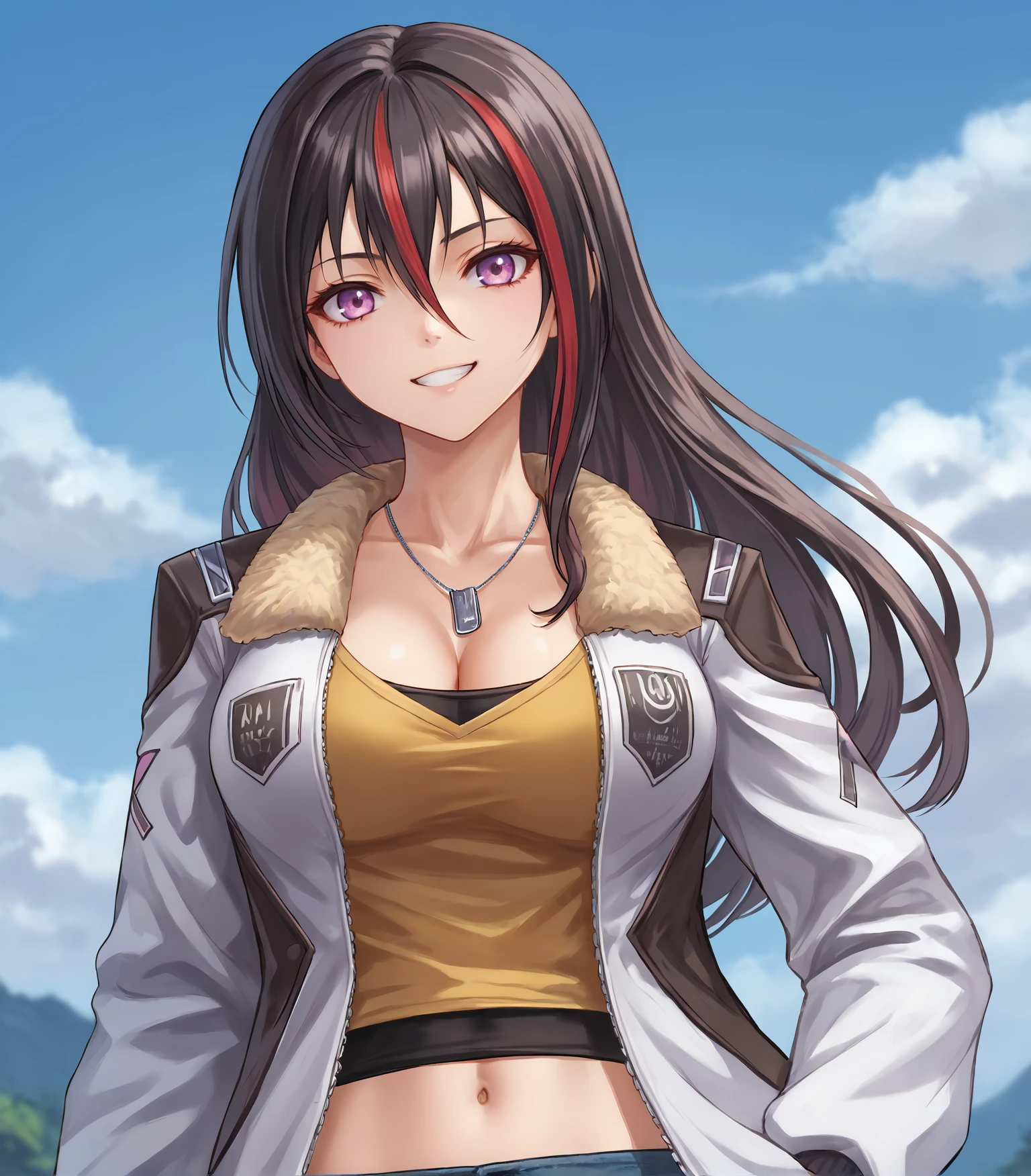 score_9, score_8_up, score_7_up,
1girl, solo,
<lora:EmiliaHarling:0.9>, Emilia Harling, black hair, streaked hair, red hair, long hair, hair between eyes, purple eyes, large breasts, white jacket, fur-trimmed jacket, long sleeves, dog tags, cleavage, yellow shirt, midriff, navel, jeans, white boots,
upper body, portrait, looking at viewer, happy, smile,
outdoors, clouds, 
<lora:LDART_style_pony_v3:0.7>,, <lora:Racoonkun_Artist_Style:0.4>, racoonsan,,