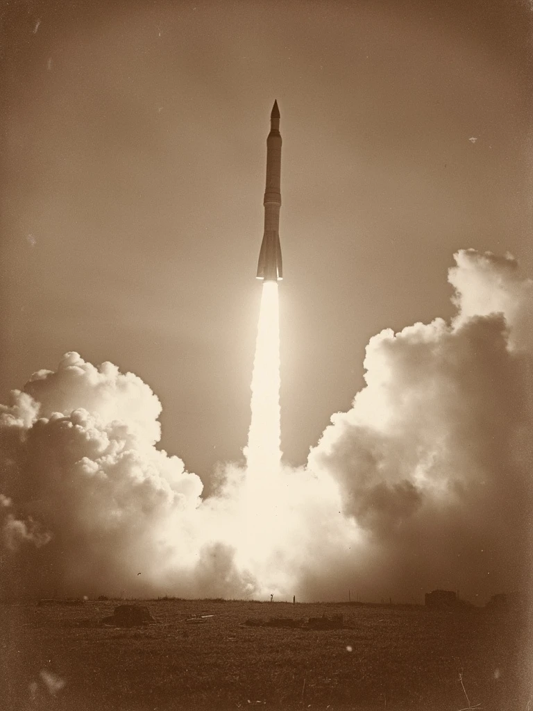 a rocket launch, photograph in the style of VCTRN, vintage Victorian era photograph