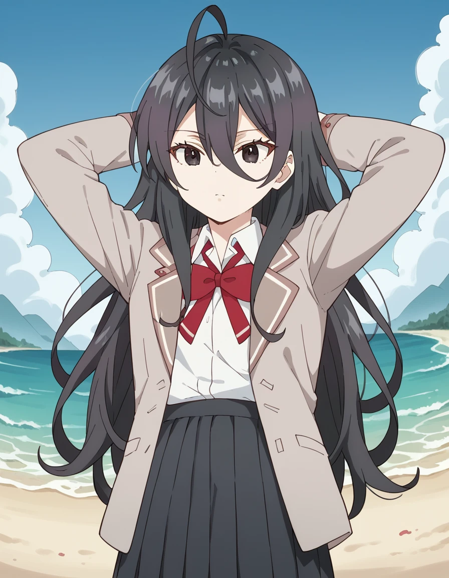 score_9, score_8_up, score_7_up, source_anime, <lora:ayano-kimishima-s1-ponyxl-lora-nochekaiser:1>, ayano kimishima, black hair, black eyes, ahoge, long hair, hair between eyes,, shirt, bow, school uniform, jacket, white shirt, collared shirt, bowtie, red bow, blazer, red bowtie, black skirt, pleated skirt,, beach, sand castle, swimsuit, summer vacation, ocean wave, hands behind head,, , , undefined, solo,, cowboy shot, dutch angle