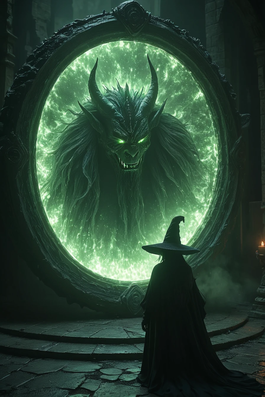 Cinematic shot of an evil witch summoning an evil demo king from hell in a big glowing portal, the demon king is slowly appearing from the portal and enering our world, (summoning portal:1.25), masterpiece, best quality, highly detailed, masterpiece, best quality, highly detailed, sharp focus, dynamic lighting