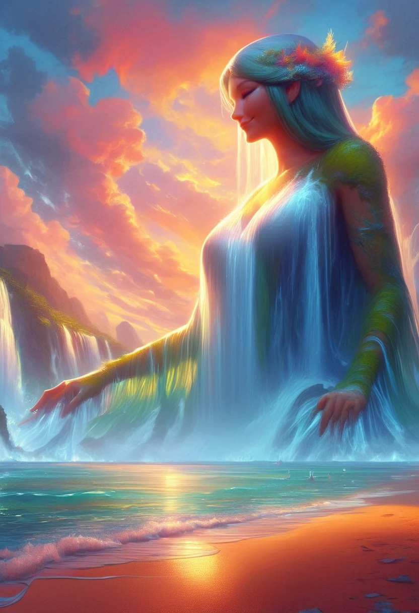 score_9, score_8_up, score_7_up, watergoddess, 1woman, giantess, smiling, waterfall, water, beach, sunset, realistic concept art, 8k, detailed