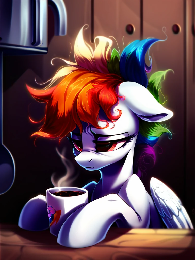 score_9, score_8_up, score_7_up, score_6_up, score_5_up, score_4_up, source_pony, feral pony, Super_Rainbow_Dash, white fur, messy hair, sleepy, holding a coffee mug, kitchen, detailed background, detailed face, detailed eyes, <lora:superdash-v1:1>