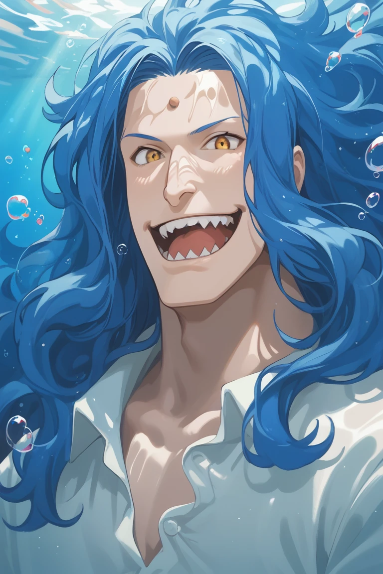 score_9, score_8_up, score_7_up, source_anime, rating_safe, merman focus, FukaboshiOP, blue_Fukaboshi_long hair, Fukaboshi_forehead mark, yellow_Fukaboshi_eyes, open mouth, wide smile, pokemon (creature), intricately detailed face, underwater, bubbles, extremely happy