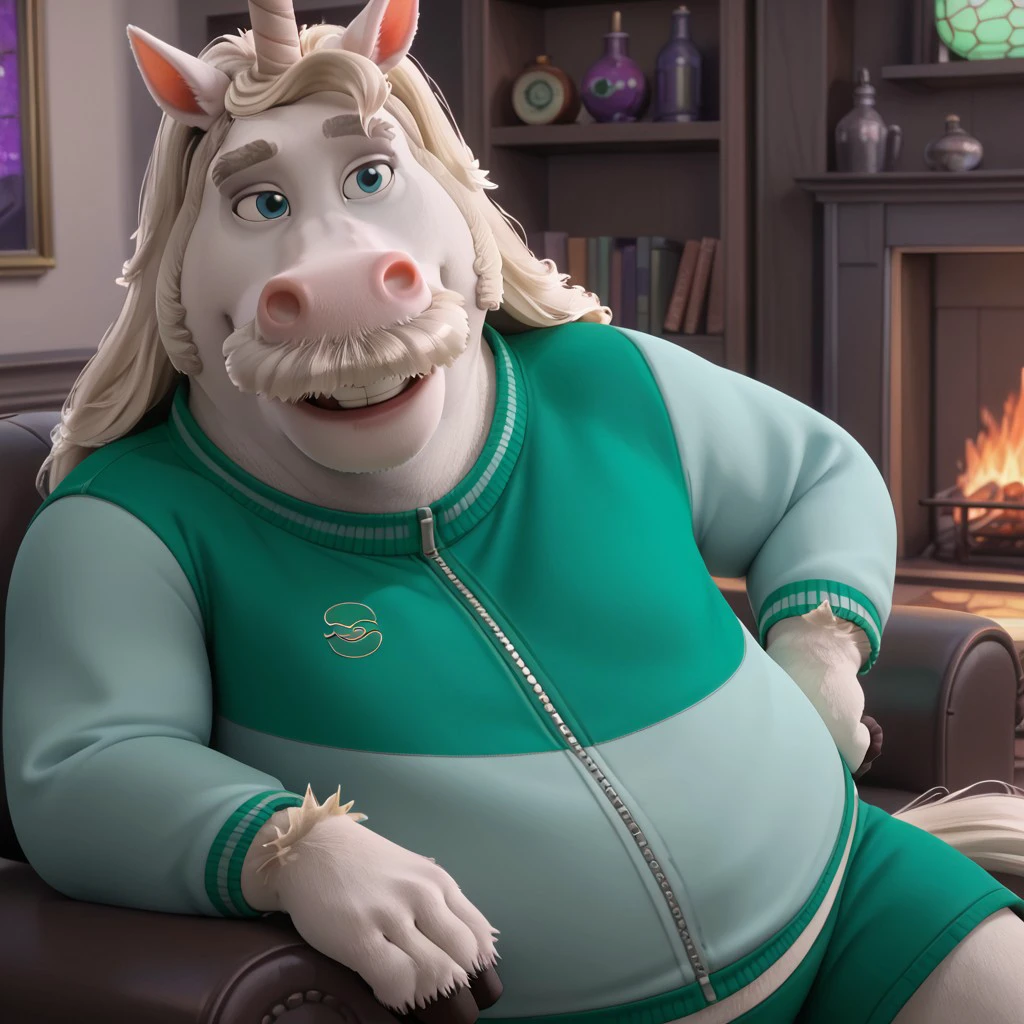 1boy, male, solo, anthropomorphic unicorn, fat, light blue eyes, white unicorn, long blonde mane, pink snout, bushy white mustache, unicorn horn, green sports jacket, zipper jacket, logo on chest, anthropomorphic character, big expressive eyes, pointed ears, animated character, cartoon unicorn, long white tail, 4k, masterpiece, best quality, highly detailed, detail background, sits on a plush couch, one arm resting on the armrest, smiling casually. Behind him is a cozy living room with warm lighting, a fireplace, and bookshelves