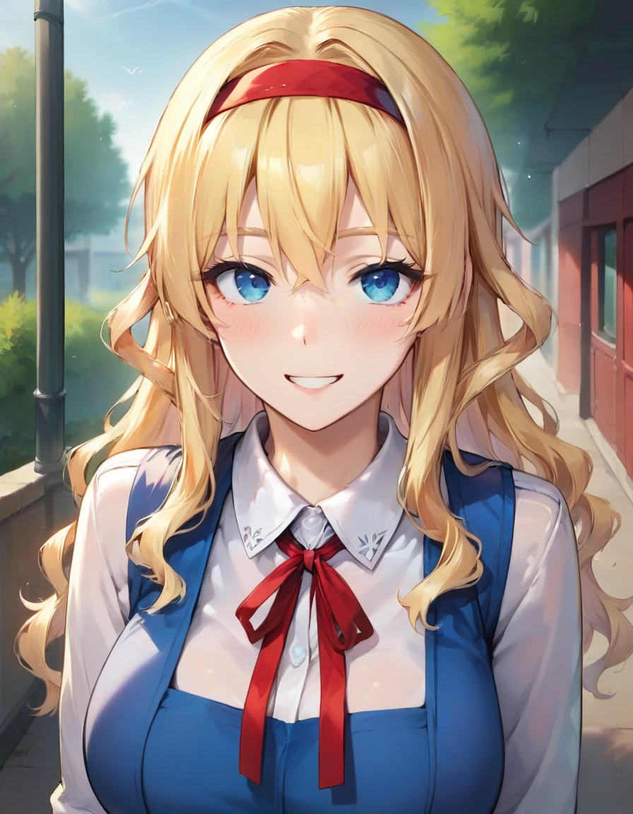 score_9,score_8_up,score_7_up,score_6_up BREAK official art,solo,outdoors,upper body,(portrait:1.5),looking at viewer,facing viewer,smile,blush,Yukina,blonde hair,long hair,wavy hair,hair intakes,red hairband,sidelocks,hair between eyes,bangs,blue eyes,school uniform,neck ribbon,red ribbon,pinafore dress,short dress,blue dress,white shirt,collared shirt,long sleeves,lace-trimmed dress,huge breasts,taut clothes,zettai ryouiki,white thighhighs,loafers,<lora:Yukina(kjk)-Pony:1.4>,<lora:Smooth Anime Style LoRA XL:0.8>,