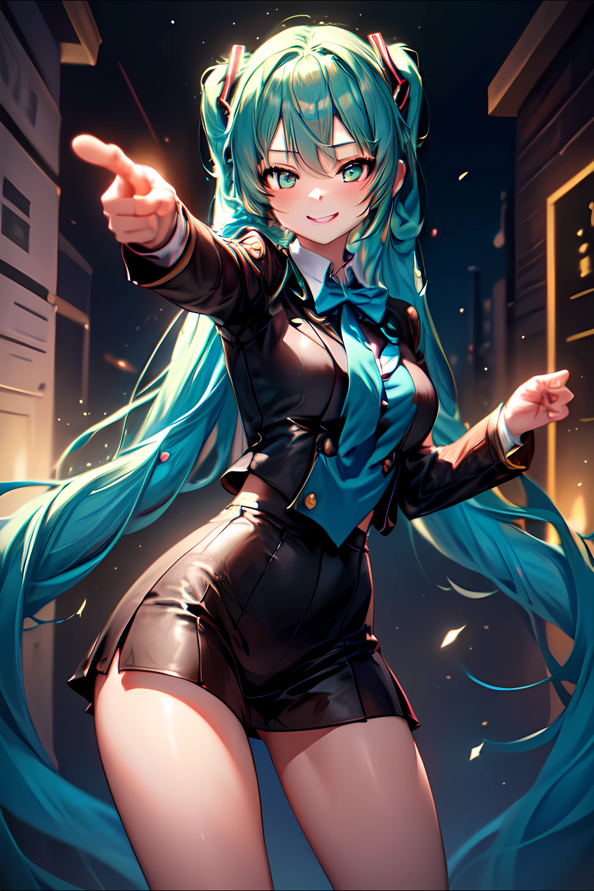 (masterpiece), high quality, cinematic lightning, 1girl, long hair, (\hastune miku\:1.5), blue hair, hair ormanent, bangs, solo, (uniform:1.4), pointing forward, confident, lightly smile, standing, <lora:Pointing_Forward_Finger_Gun_for_SD_model__pose-000009:0.65> <lora:add_detail:1>