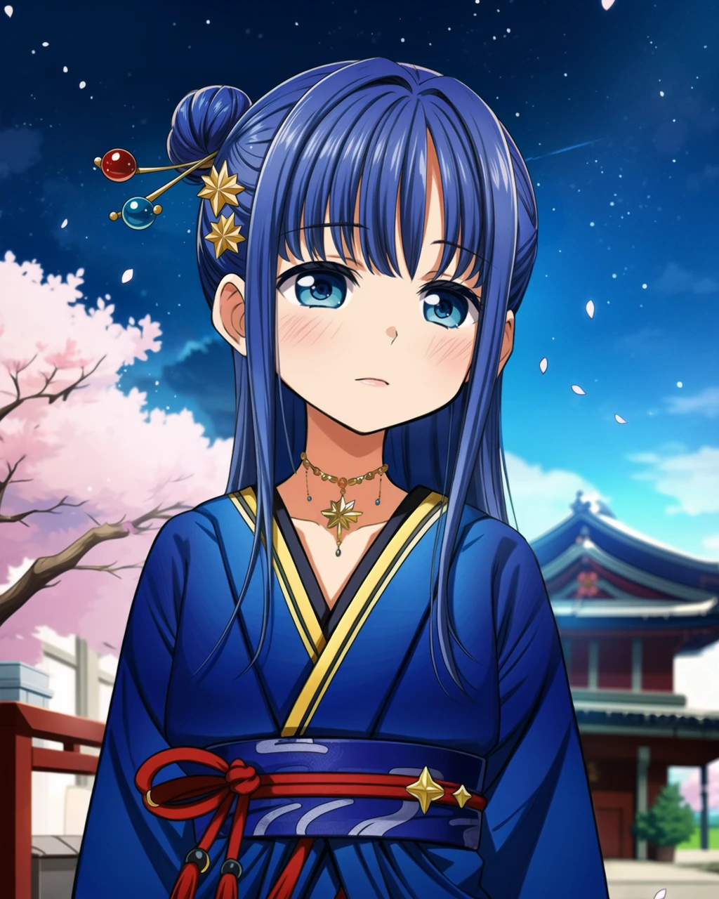 masterpiece, high quality, mgrcyachioutfits, 1girl, blue hair, blue eyes, upper body, medium shot, single side hair bun, golden necklace, blue with yellow kimono, blue with red obi, twin needle hairpin, outdoors, shrine, night, sky, stars, cherry blossoms, (side view:0.7), <lora:mgrcyachioutfits:0.85>,  <lora:add_detail:1>,  <lora:colorify:0.5>