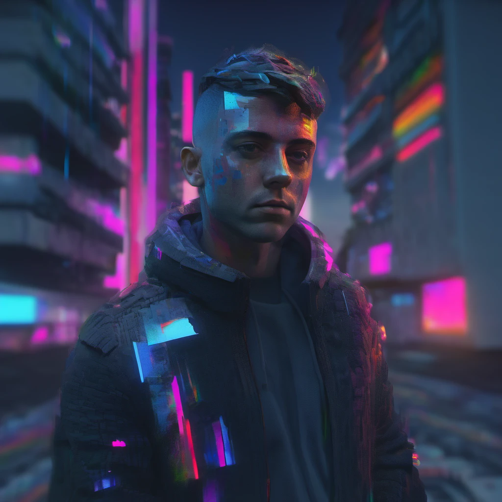 initial visuals initialvisuals 3d concept art: male portrait brutalism, contrasts 11:11, bokeh depth of field chromatic aberration, glitch effect