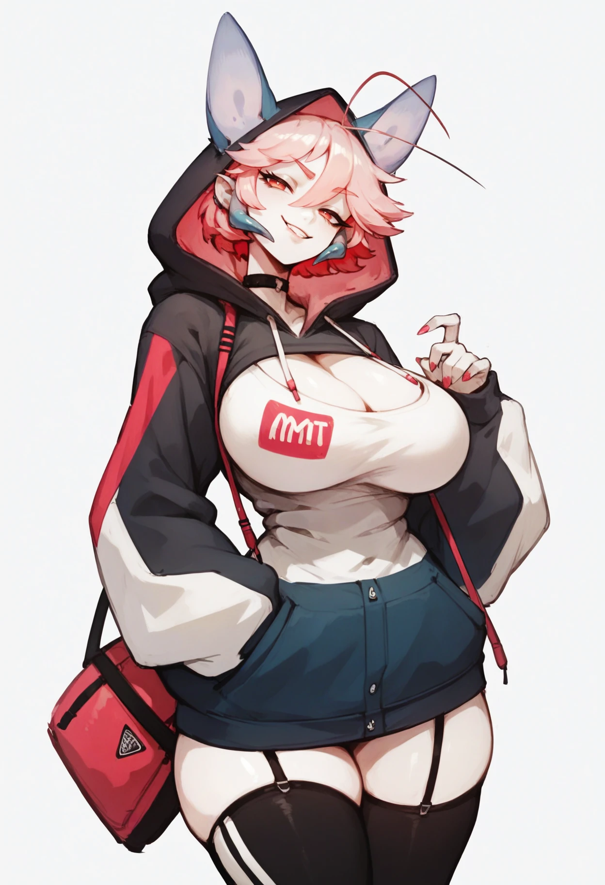 score_9, score_8_up, score_7_up, score_6_up, score_5_up, score_4_up,
 <lora:OrchidMantis:1> mant1s,
1girl, solo, smug, simple background, big breasts, hoodie, black legwear,