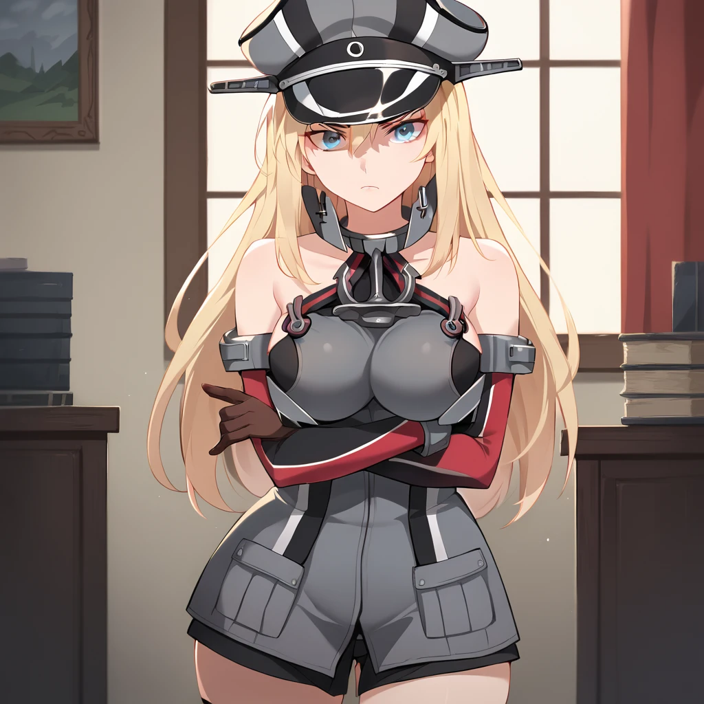 best quality, absurdres, 4k, masterpiece, highly detailed, source_anime, score_7_up, score_8_up, score_9_up, <lora:Bismarck-15:1>, bismarck (kantai collection), 1girl, blonde hair, blue eyes, looking at viewer, peaked cap, sleeveless shirt, detached sleeves, anchor ornament necklace, crossed arms, annoyed, big breasts, wide hips, thick thighs, indoors, metal collar, brown gloves, thighhighs