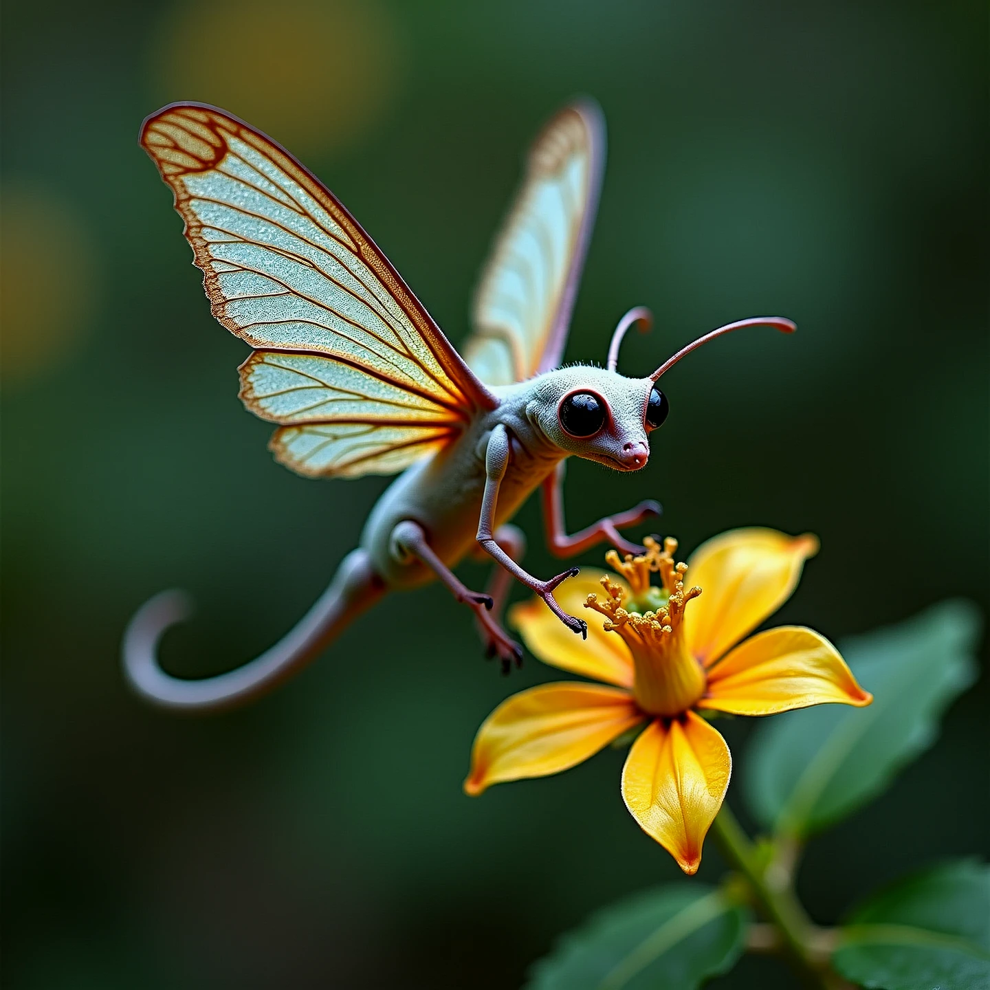 Closeup of a hybrid hummingbird creature, hovering in the air above a flower. Side view. Large iridescent wings with fractal patterns.

gldrcrtrCE style