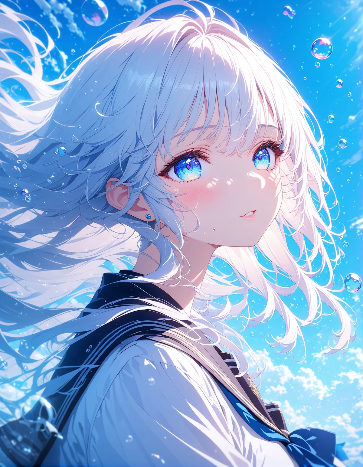 <lora:Blue_Alive:1> blue eyes, long hair, solo, 1girl, bow, sky, sitting, white hair, school uniform, jewelry , bubble , close up, ,best quality ,masterpiece, illustration, an extremely delicate and beautiful, extremely detailed ,CG ,unity ,8k wallpaper, Amazing, finely detail, masterpiece,best quality,official art,extremely detailed CG unity 8k wallpaper,absurdres, incredibly absurdres, huge filesize , ultra-detailed, highres, extremely detailed,beautiful detailed girl, extremely detailed eyes and face, beautiful detailed eyes,light on face,1girl, 4k , masterpiece