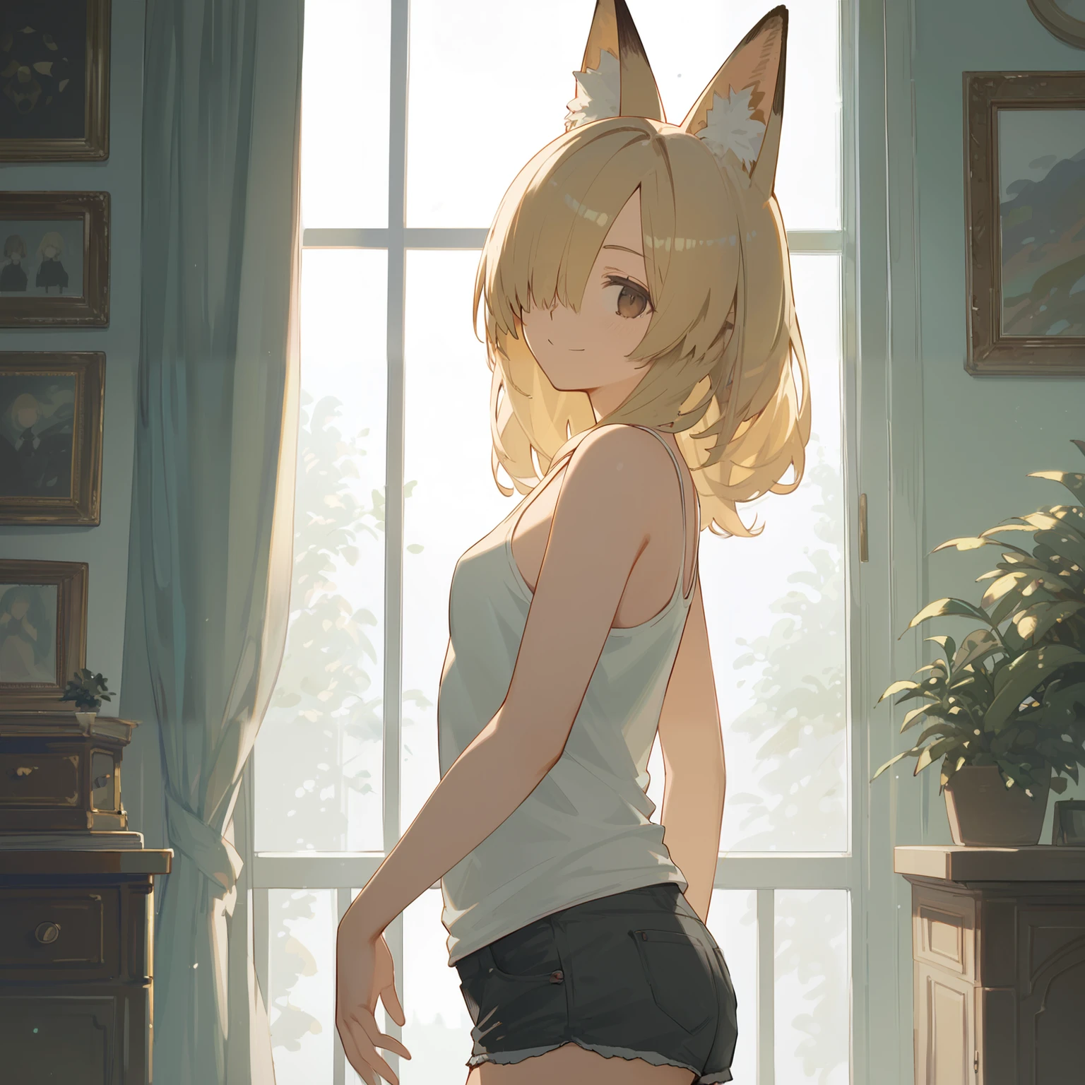 score_9, score_8_up, score_7_up, best quality,
source_anime,
rating_safe,

best_quality, incredibly_absurdres,
indoors,

(solo, 1girl:1.1), fox_ears, sidelocks,

blonde_hair,
hair_over_one_eye,
(lob:1.1), (wavy_hair:1.1),

brown_eyes, looking_at_viewer,

small_breasts,
narrowed_eyes, smile, closed_mouth,
white_tank_top, open_fly, micro_shorts,

from_side,