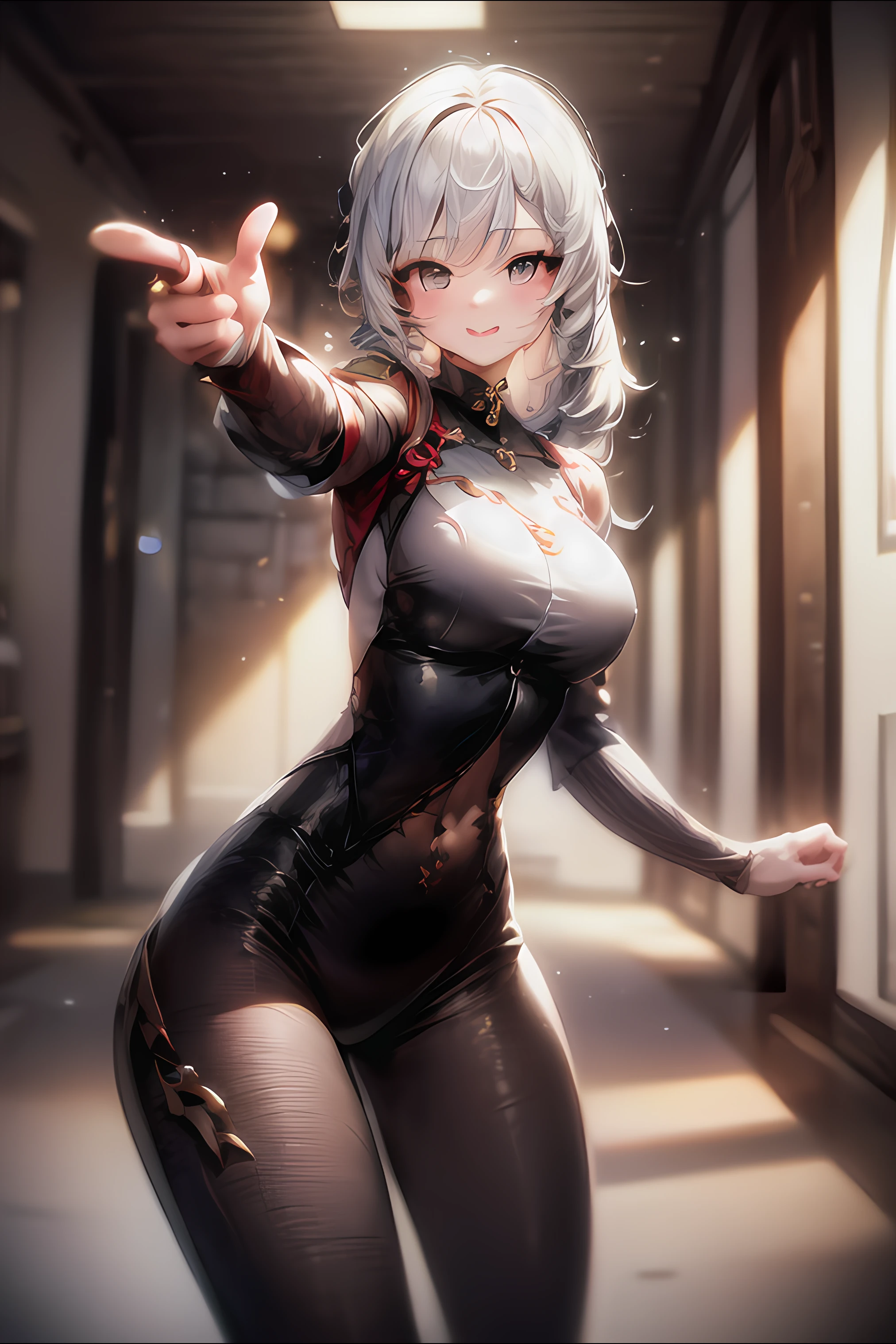 (masterpiece), high quality, cinematic lightning, 1girl, shenhe, white hair, long hair, solo, finger gun, focus on hand, pointing forward, confident, lightly smile, standing, indoor background, celling, wall, <lora:Pointing_Forward_Finger_Gun_for_SD_model__pose-000009:0.85> <lora:add_detail:1>  <lora:Shenhe_Hard:1>