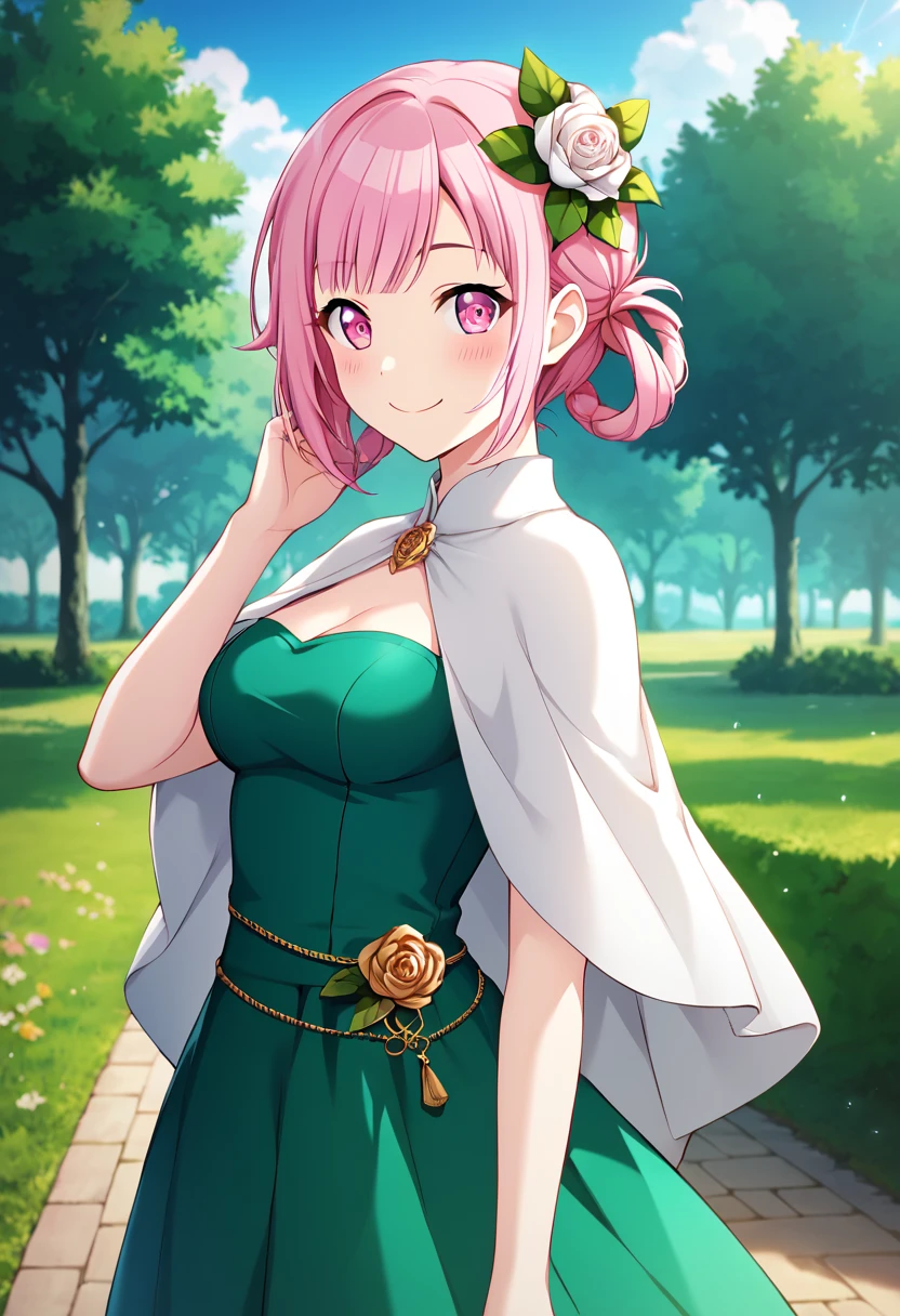 otori_emu, pink hair, short hair, pink eyes, official art, pink eyes, medium breasts,  hair rings, green dress, elegant dress,  white capelet, small green hat, BREAK outdoors, park, detailed background, asymmetrical background  BREAK  looking at viewer, smile, blush,  from side,  BREAK score_9, score_8_up, score_7_up, source_anime ,zPDXL, perfect hand, <lora:Otori_Emu:0.8>