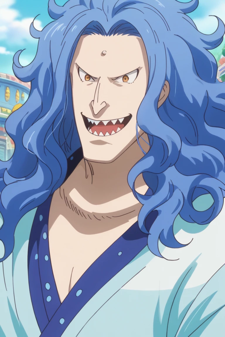 score_9, score_8_up, score_7_up, source_anime, rating_safe, merman focus, FukaboshiOP, blue_Fukaboshi_long hair, Fukaboshi_forehead mark, yellow_Fukaboshi_eyes, open mouth, wide smile, pokemon (creature), extremely happy, anime screencap