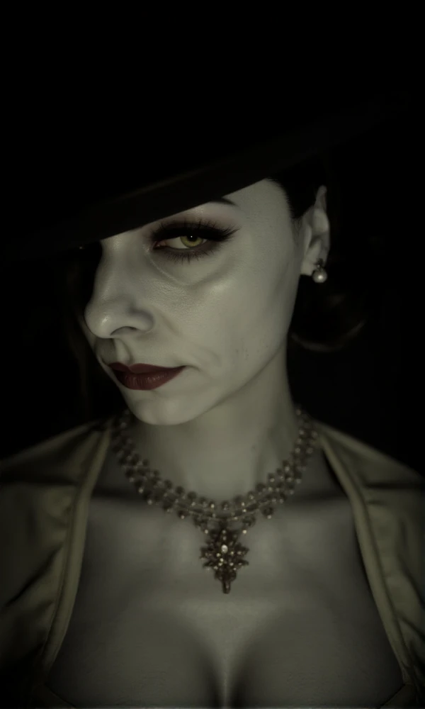 Alcina Dimitrescu portrait. Black Hat, Yellow eyes, veins visible through pale skin <lora:Alcina_Dimitrescu:0.9>