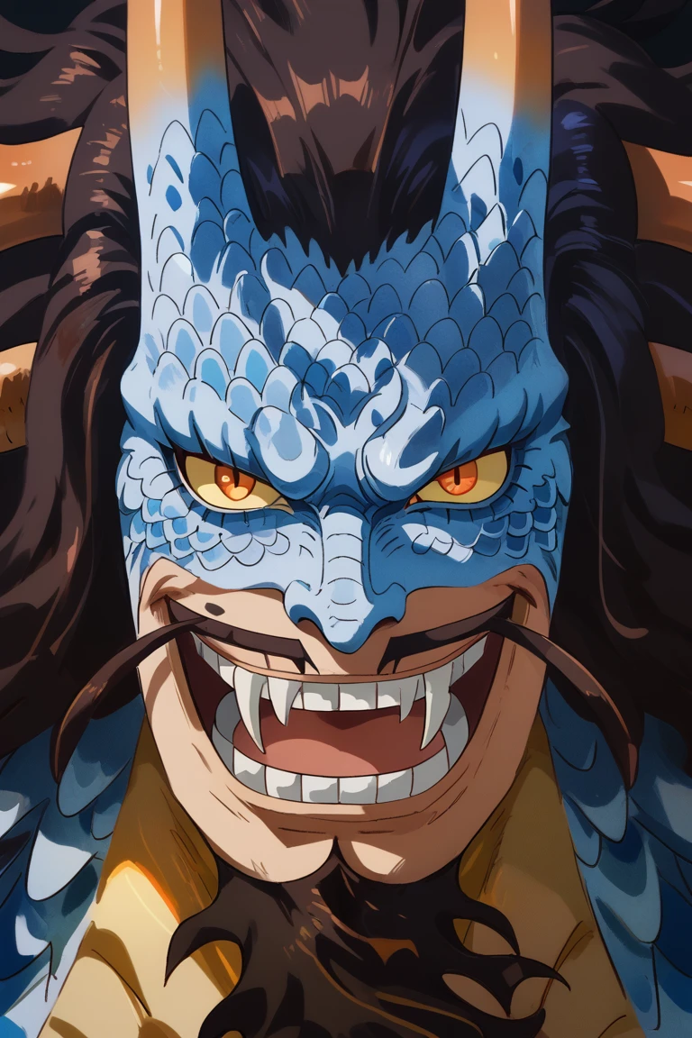 score_9, score_8_up, score_7_up, source_anime, rating_safe, dragon boy focus, KHaidoOP, brown-blue_KHaido_horns, yellow_KHaido_eyes, black_KHaido_facial hair, black_KHaido_long hair, light blue_KHaido_scales, wide smile, open mouth, pokemon (creature), extremely happy