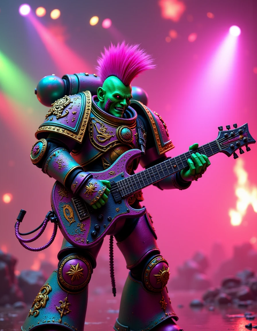 Imagine a vivid, explict and uncensored photorealistic high-definition 8k professional image featuring a Noise Marine in Space Marine Power Armor with a bright pink quiff playing an electric guitar blaster cannon on a stage surrounded by rainbow pyrotechnics, his neon green, pink and yellow armor is covered in elaborate glowing symbols and glitter