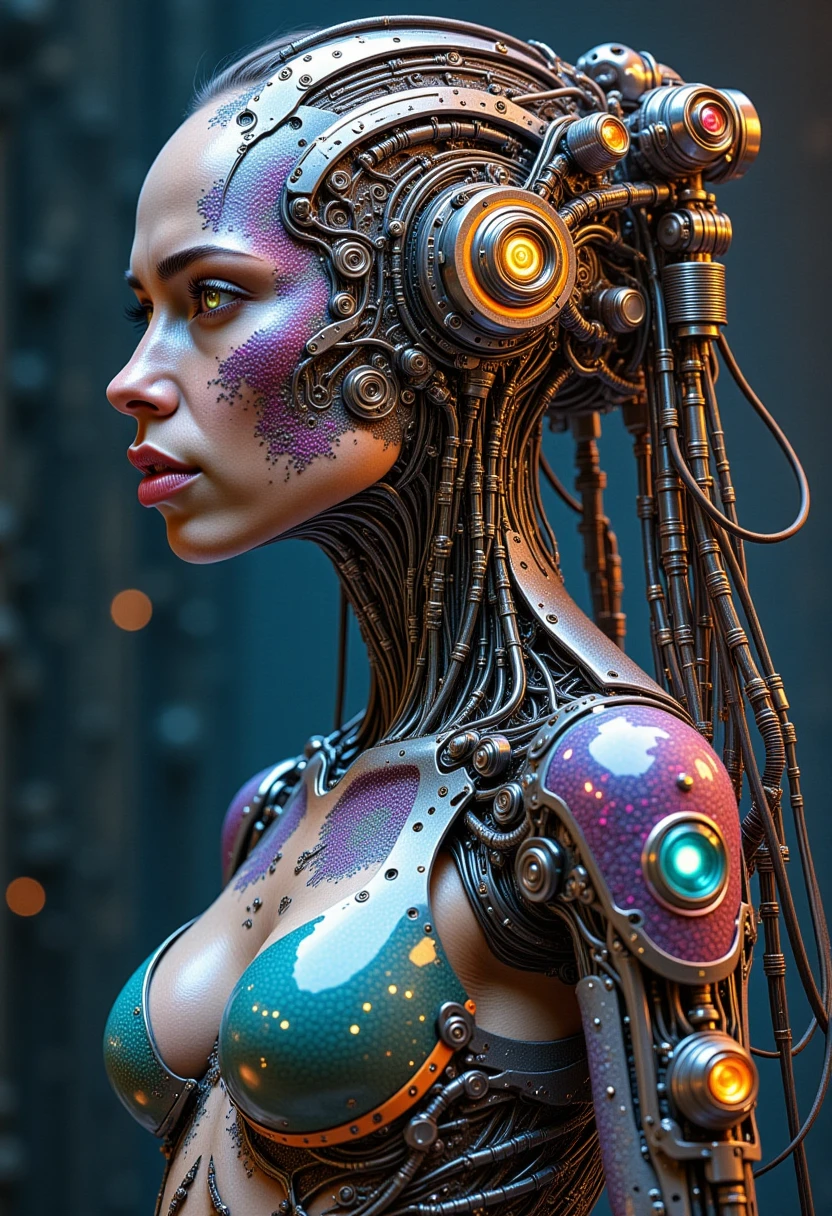 A highly detailed illustration of a biomechanical cyberpunk scene, featuring a stunning cyborg that embodies the fusion of human and machine. The artwork should showcase organic skin intricately merging with advanced cybernetic components, such as metallic implants and delicate circuitry. The glowing elements and dark color palette should enhance the dystopian atmosphere, emphasizing realism through meticulous detailing in both graphite and colored pencil, captivating the viewer with its surreal beauty.