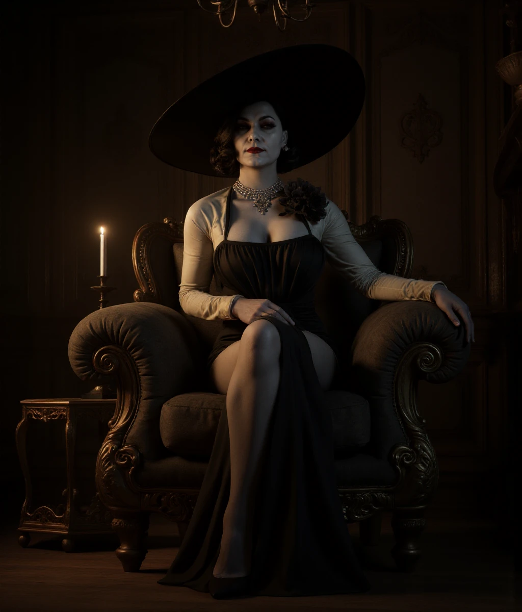 Alcina Dimitrescu is sitting in a castle. Large breast. She wears a black hat and black bra and panty <lora:Alcina_Dimitrescu:0.9>