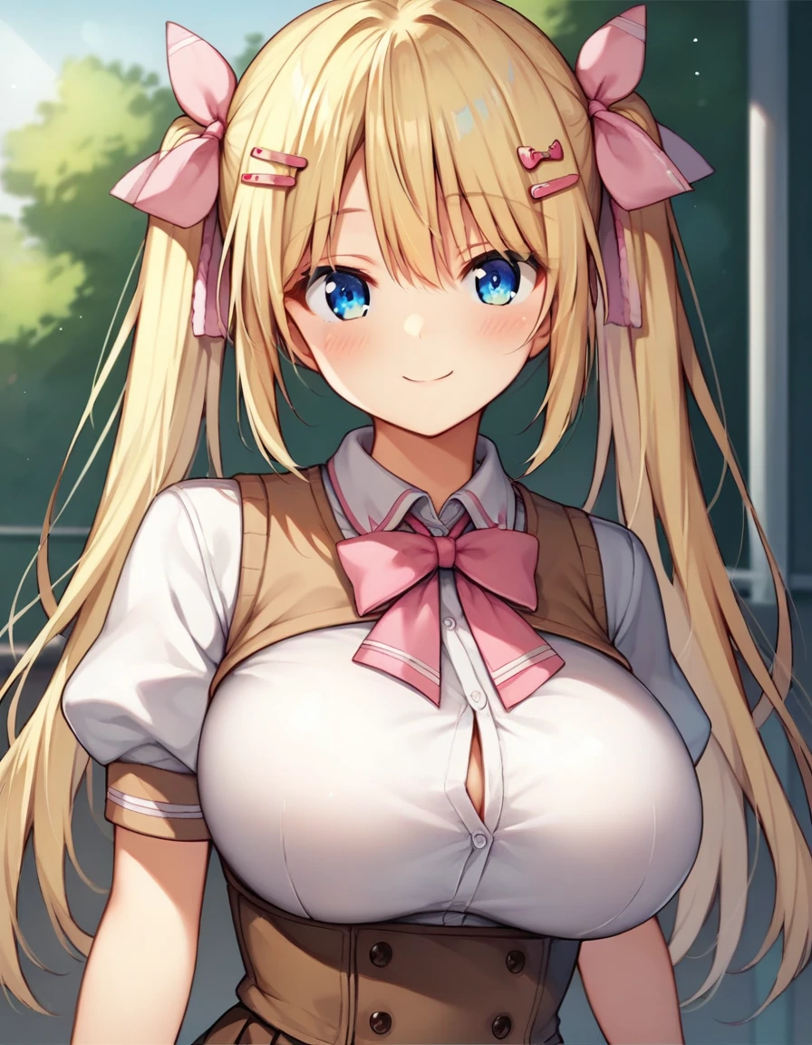 score_9,score_8_up,score_7_up,score_6_up BREAK official art,solo,outdoors,upper body,(portrait:1.5),looking at viewer,facing viewer,smile,blush,Toono Arisu,blonde hair,long hair,twintails,hair bow,pink bow,hair ribbon,pink ribbon,pink hairclip,sidelocks,hair between eyes,bangs,blue eyes,school uniform,neck ribbon,pink ribbon,brown vest,white shirt,collared shirt,puffy short sleeves,large breasts,underbust,framed breasts,impossible clothes,skindentation,corset,miniskirt,brown skirt,pleated skirt,frilled skirt,zettai ryouiki,frilled thighhighs,white thighhighs,loafers,<lora:Toono Arisu(n jk l)-Pony:0.9>,