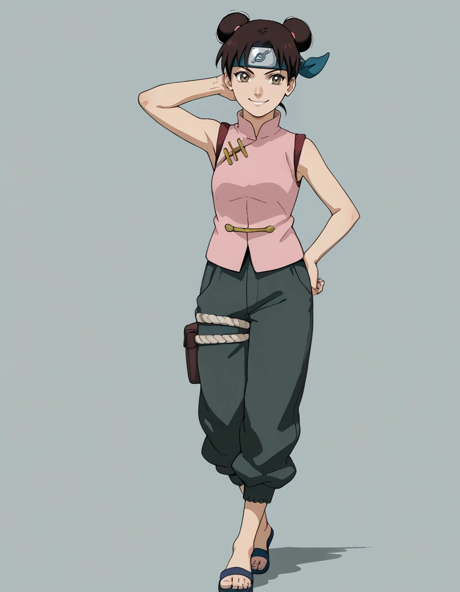 <lora:Tenten:1>, tenten, 1girl, solo, original outfit, sleeveless pink shirt, sandals, plain black pants, , headband, simple background, one hand on hip, one hand behind head, smile