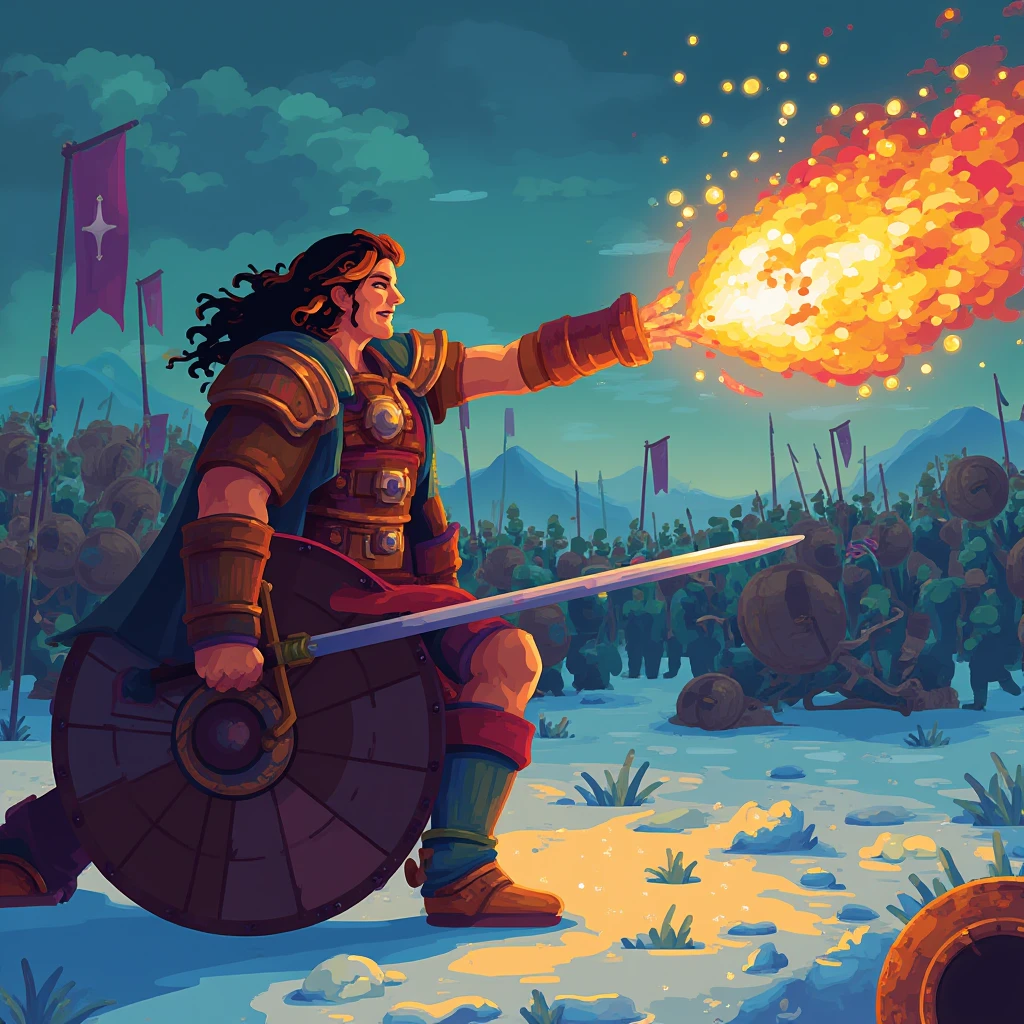 Kurzgesagt style vector graphics illustration of an intensely focused Viking woman warrior with curly hair hurling a burning meteorite from her hand towards the viewer, the glowing sphere leaves the woman's body getting closer to the viewer leaving a trail of smoke and sparks, intense battlegrounds in snowy conditions, army banners, swords and shields on the ground,  <lora:Kurzgesagt_style_vector_graphics_FLUX_v1_r1-000031:1>