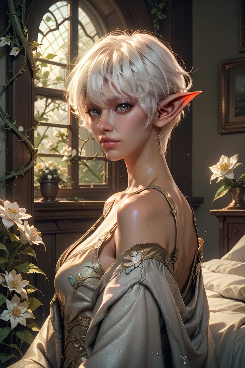 score_9, score_8_up, score_7_up, score_6_up
<lora:ECD:0.8>
ECD, 1girl, white hair, short hair, pointy ears, looking at viewer, indoors, overgrowned, bedroom, flowers, white flowers, vines