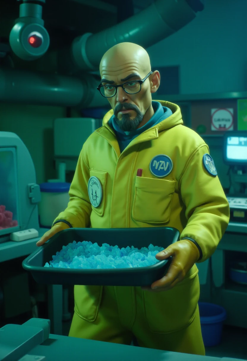 <lora:Crash_Bandicoot_4_Style_FLUX:0.8> cr4shstyle,   Walter White from Breaking Bad in a hazmat suit in and underground laboratory holding a tray full of small blue crystals