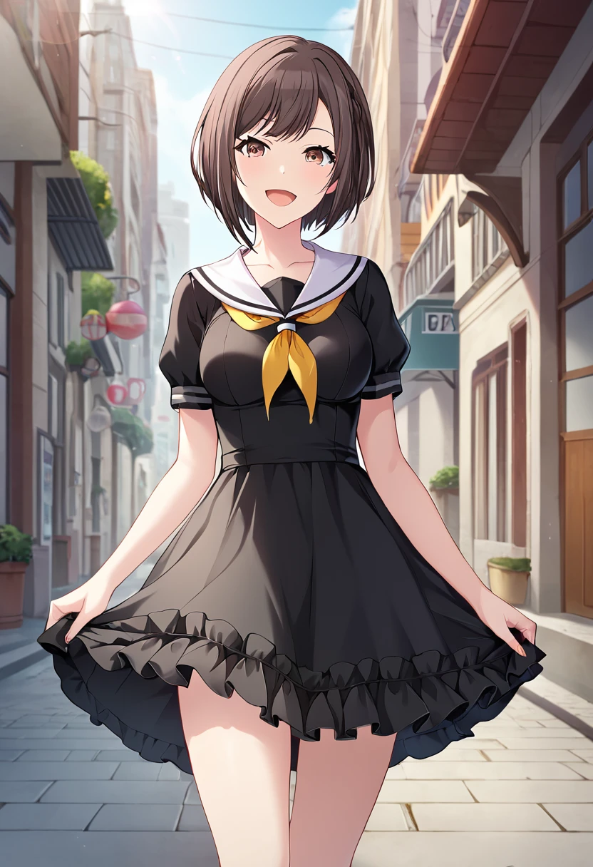 shinonome_ena, brown hair, brown eyes, short hair,  black dress, frilled dress, sekai outfit, white sailor collar, black dress, frilled dress, frills, black yellow neckerchief,official art, medium breasts  BREAK outdoors, city street,  BREAK looking at viewer, sexy face, sexy smile, open mouth, cowboy shot BREAK score_9, score_8_up, score_7_up, source_anime ,zPDXL, perfect hand,  <lora:Shinonome_Ena:0.8>