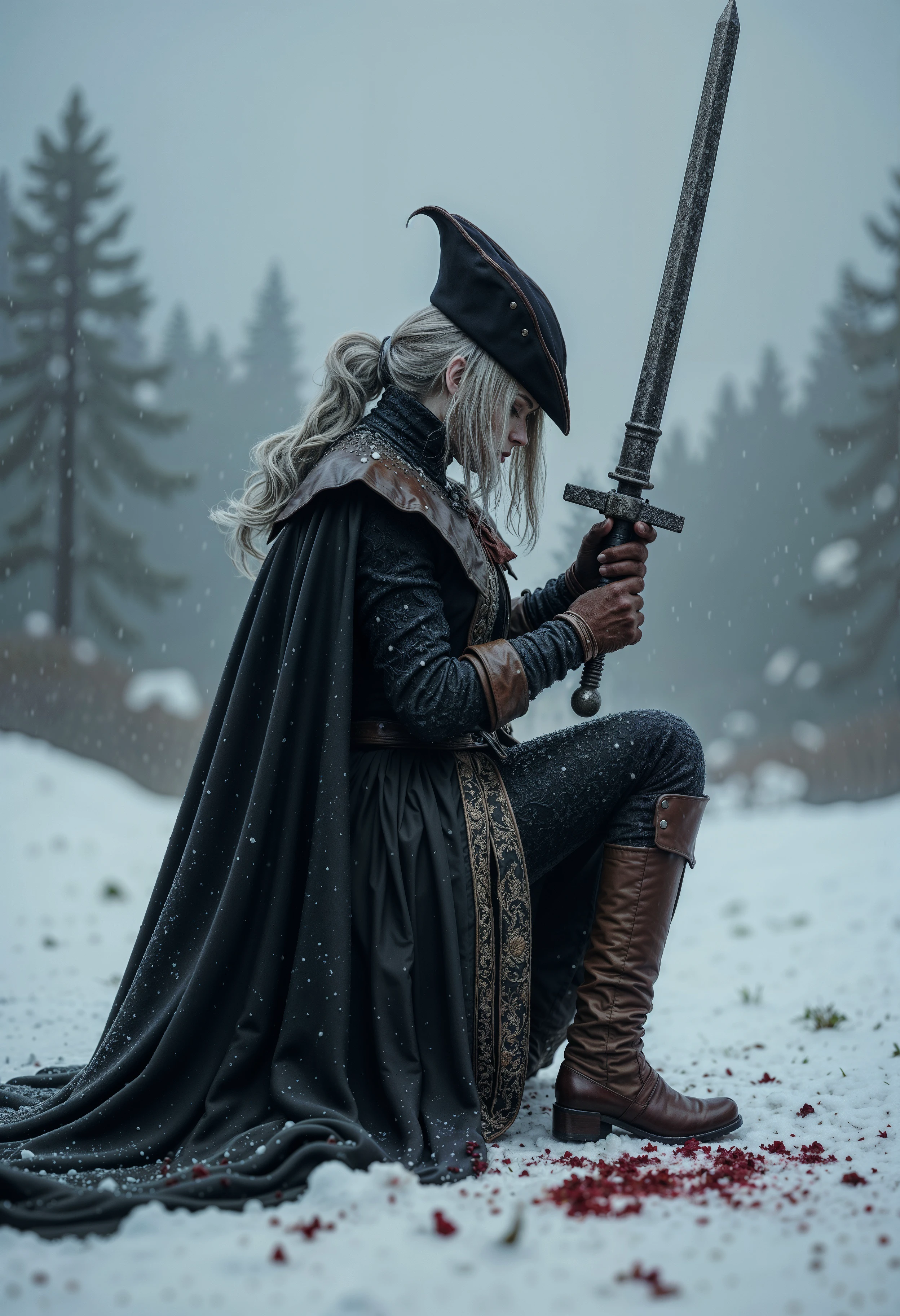 An atmospheric and powerful dark fantasy image, classical style painting of the beautiful Lady Maria dressed in intricate black coat. She crouches with her head down and her dirty silver hair falls over her face from her hat. She holds a powerful sword of dark steel. There is blood in the snow around her from a fallen enemy. Cinematic shot in a snowy mountainous region. <lora:FluxLadyMaria:1>