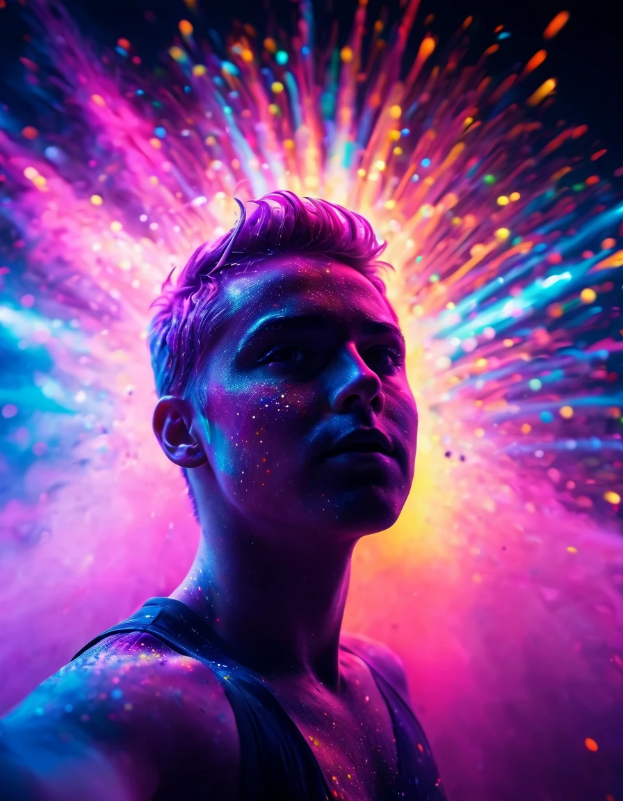 professional 3d model (a person at the festival:1.1), vivid colors, high contrast, blurry crowd on background, lights on background in fluorescent colorful dust, colorful explosion, dust splashes, fluorescent dots, fluorescent grain, vivid colors, luminous and colorful designs, dark blurry background, short exposure time . octane render, highly detailed, volumetric, dramatic lighting, futuristic style (a person at the festival:1.1), vivid colors, high contrast, blurry crowd on background, lights on background in fluorescent colorful dust, colorful explosion, dust splashes, fluorescent dots, fluorescent grain, vivid colors, luminous and colorful designs, dark blurry background, short exposure time . sleek, modern, ultramodern, high tech, detailed, cybernetic style (a person at the festival:1.1), vivid colors, high contrast, blurry crowd on background, lights on background in fluorescent colorful dust, colorful explosion, dust splashes, fluorescent dots, fluorescent grain, vivid colors, luminous and colorful designs, dark blurry background, short exposure time . futuristic, technological, cybernetic enhancements, robotics, artificial intelligence themes, Atompunk illustation, (a person at the festival:1.1), vivid colors, high contrast, blurry crowd on background, lights on background in fluorescent colorful dust, colorful explosion, dust splashes, fluorescent dots, fluorescent grain, vivid colors, luminous and colorful designs, dark blurry background, short exposure time . retro-futuristic, atomic age aesthetics, sleek lines, metallic textures, futuristic technology, optimism, energy