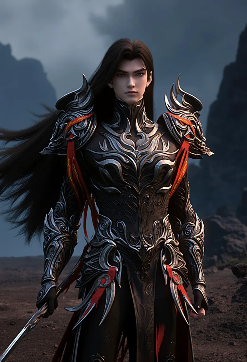 This is a highly detailed CGI rendering of a fantasy character ashedshihao, depicted in a realistic style. The character is a young asian man with pale skin and long, flowing dark black hair that cascades down his back. He has a stern, focused expression, with sharp, angular features. His attire is elaborate and ornate, consisting of a dark, metallic armor that covers his entire body, including intricate patterns and designs. The armor is predominantly silver with red and gold accents, giving it a regal and formidable appearance. 
He holds a javelin in his left hand, which is partially visible, suggesting he is ready for battle. The background features a rocky, mountainous landscape with deep shadows and muted colors, creating a dramatic and foreboding atmosphere. The sky is overcast, with dark, ominous clouds, adding to the sense of impending danger or conflict. The overall mood of the image is intense and serious, emphasizing the character's readiness and strength. The lighting is soft yet directional, casting subtle highlights and shadows that enhance the textures and details of both the character and the environment.