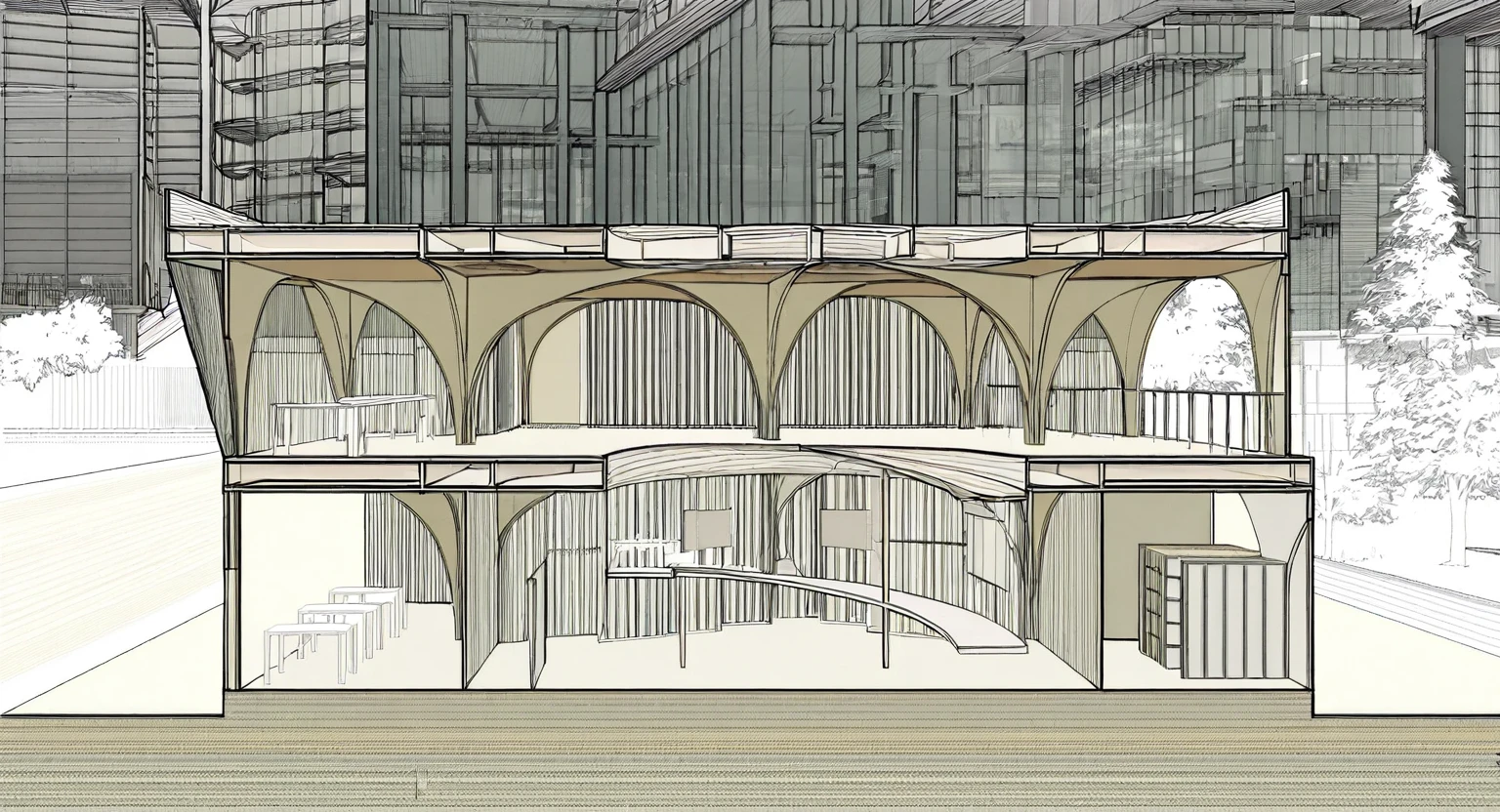 best quality, good quality, architecture, a section perspective drawing of a house with a roof and a porch area with a table and chairs and a bench, a tree grows in the atrium surrounded by a rotated slope, David Chipperfield, archdaily, modernism